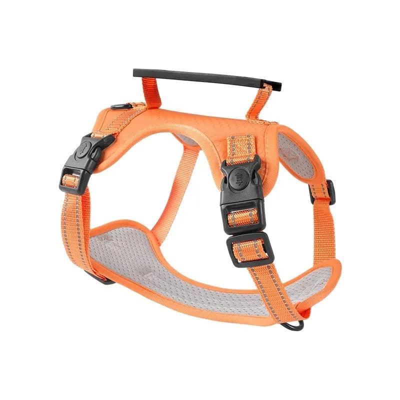 Polyester dog chest harness traction rope in red, shown in a medium size on a dog