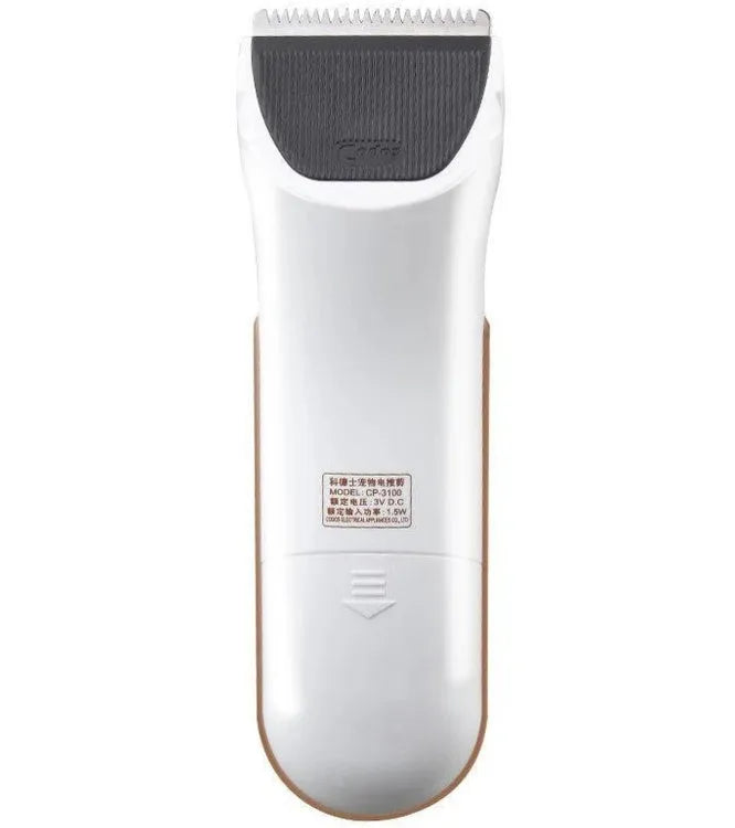 White electric pet hair clipper with ceramic blade for dog and cat grooming using AA batteries