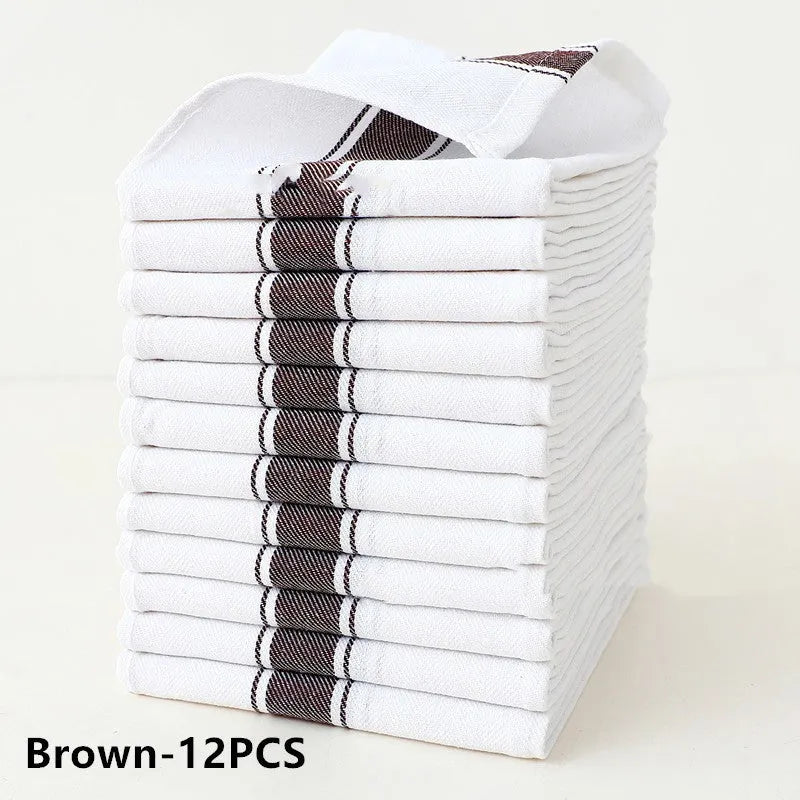 Set of twelve cotton dishwashing towels in striped pattern, each measuring 48 by 70 centimetres.