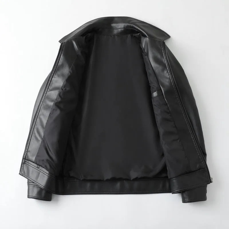 Men's black PU leather windproof jacket with zipper pockets in loose fit style