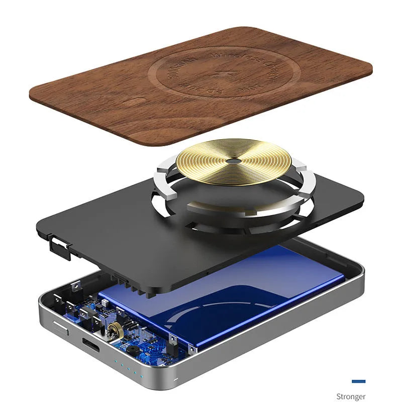Khaki alloy magnetic wireless charging bank showing compact rectangular design with USB port