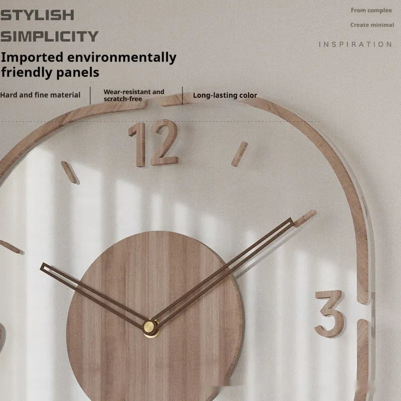 35 cm square transparent wooden wall clock with modern design on white wall