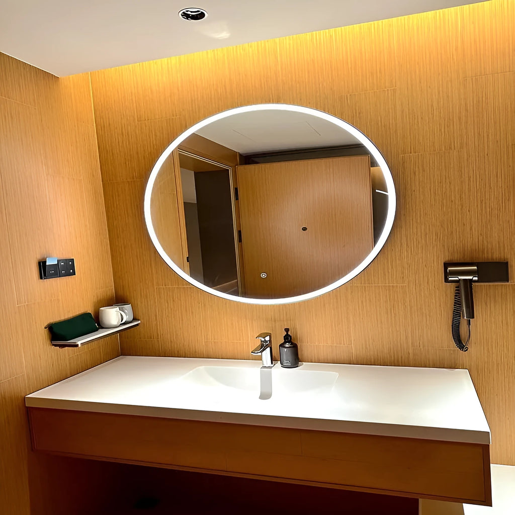 Square black frame LED bathroom makeup mirror mounted on wall with touch control for adjustable lighting