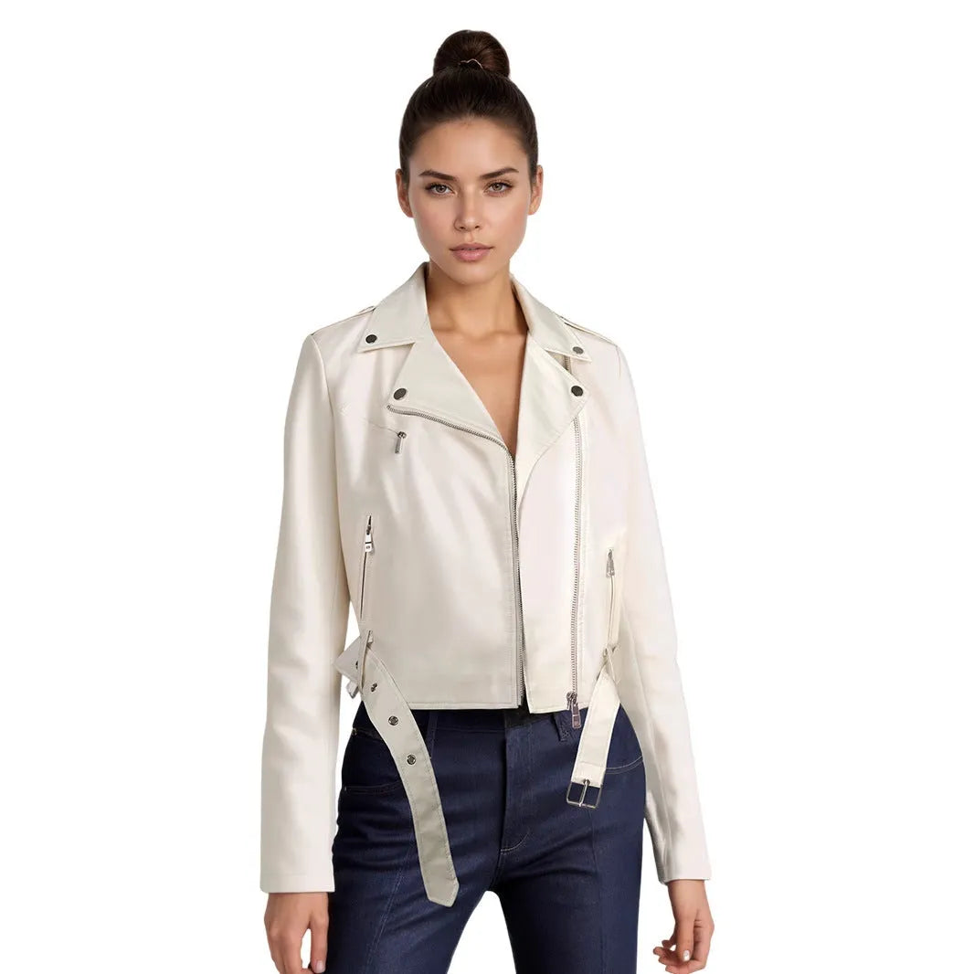 Women's black PU leather motorcycle-style jacket with lapel collar and waist belt
