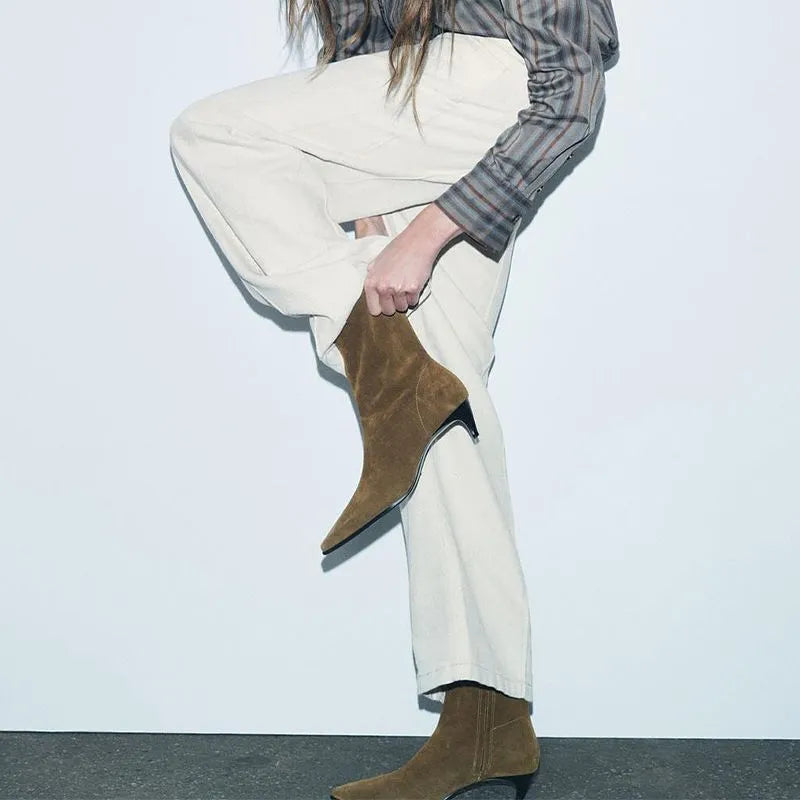 Brown women's square toe mid-calf boots with a side zip and a stiletto kitten heel on a waterproof platform sole.