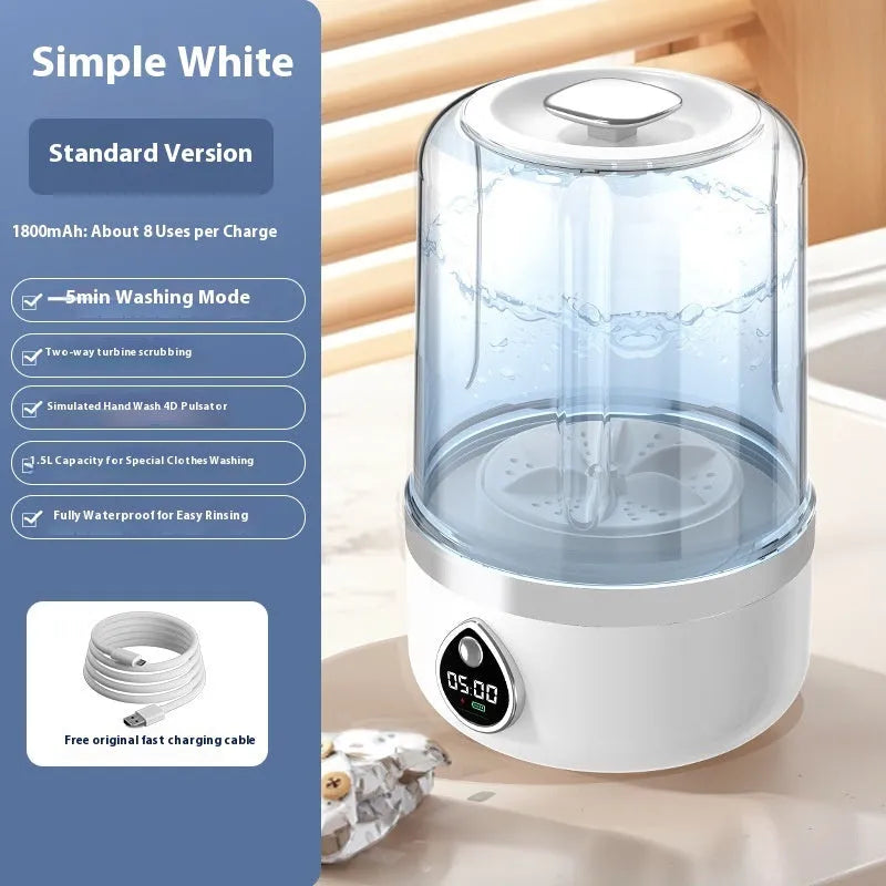 White portable mini washing machine with USB cable on a countertop