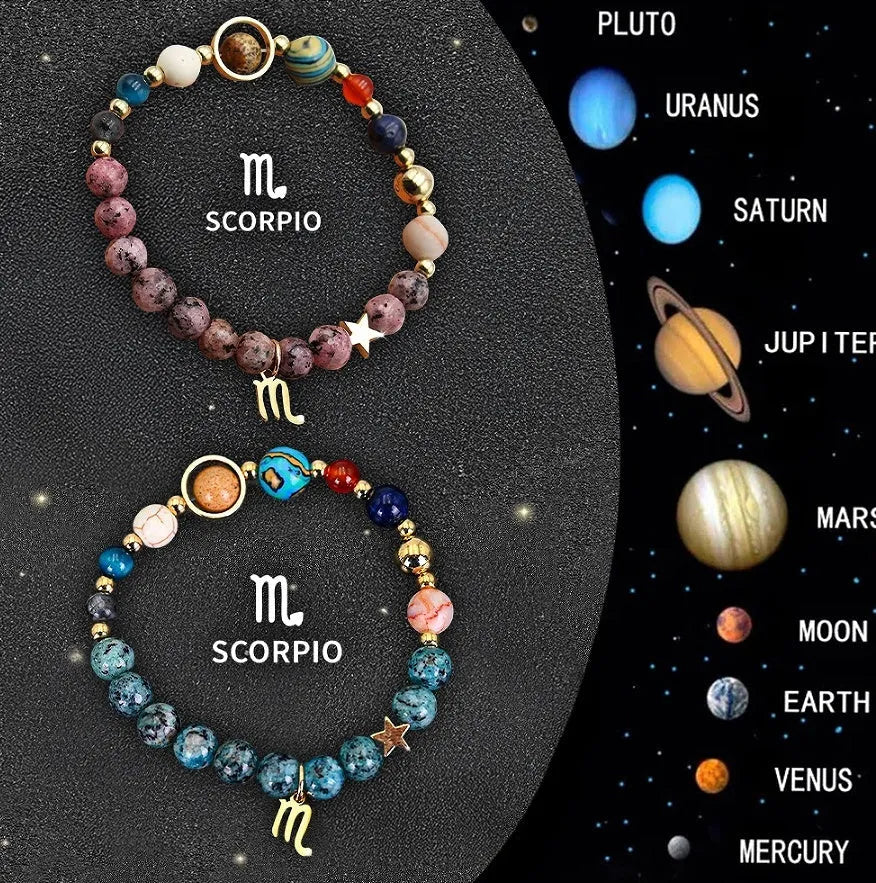 Natural stone zodiac beaded bracelet set showing twelve different sign designs with colourful crystal beads on adjustable cords