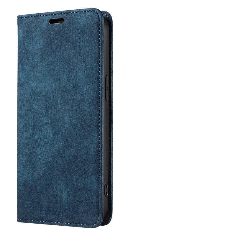 Magnetic flip leather phone case for iPhone in various solid colours, shown open and closed.