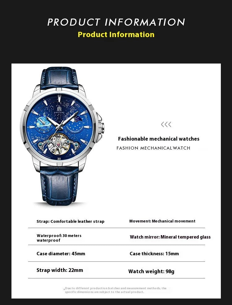 Men's automatic mechanical watch with blue dial and stainless steel case, 14mm thickness