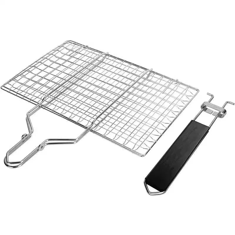 Square stainless steel folding barbecue mesh basket with cleaning brush for grill cooking