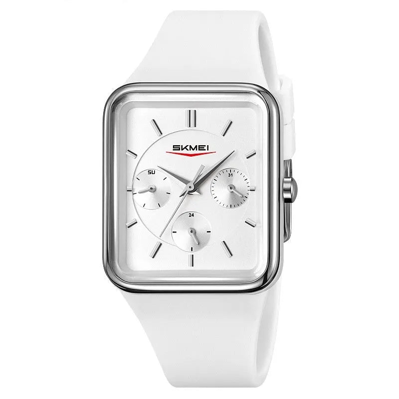 Slim square silicone waterproof watch for girls in white rose gold colour, showing 10.8mm thickness profile