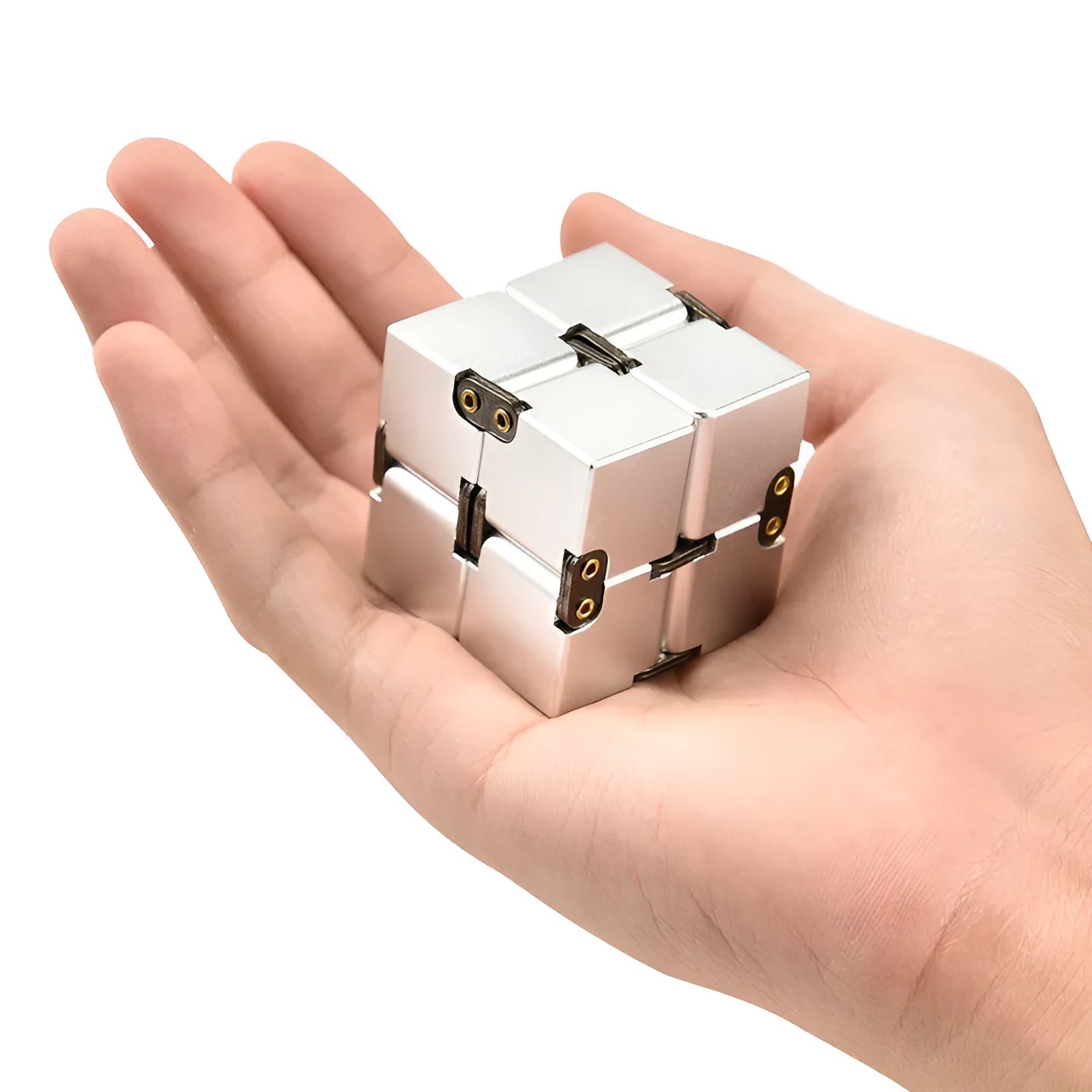 Silver zinc alloy infinity cube fidget toy with rotating segments shown on a flat surface