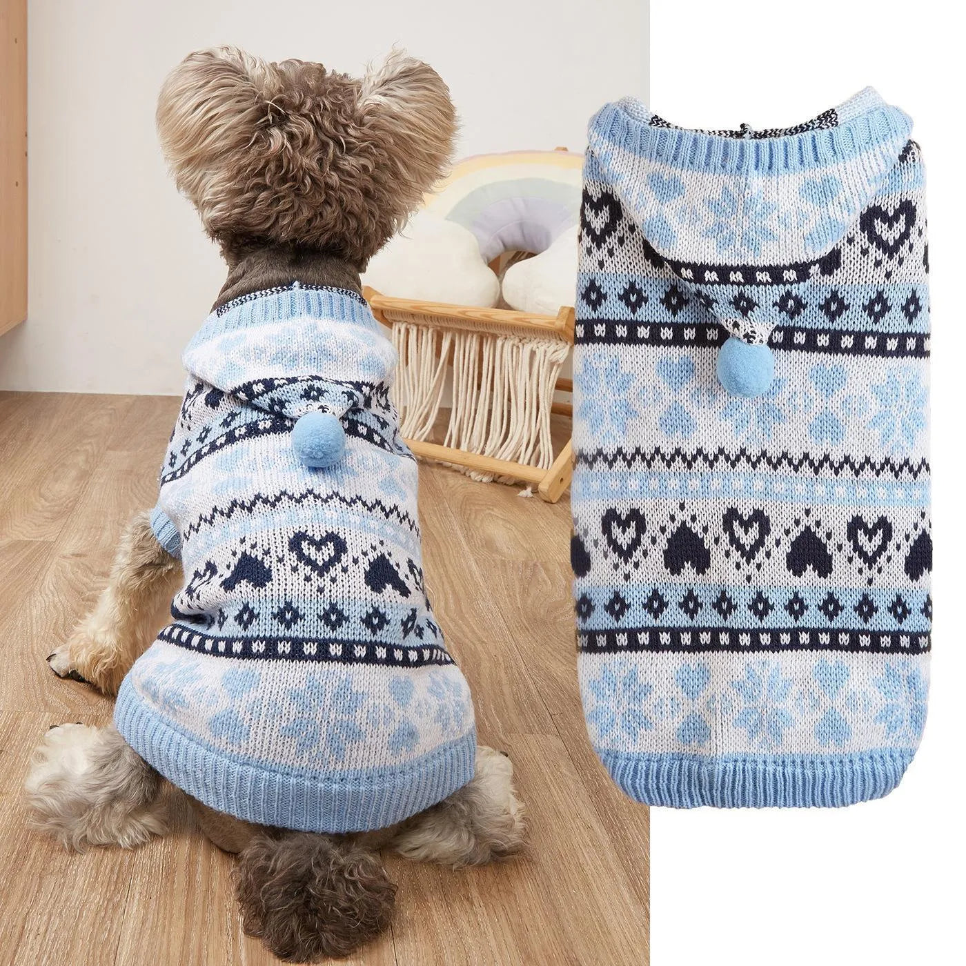 Striped pink blue grey knitted dog sweater with snowflake and camouflage patterns for small Bichon breed.