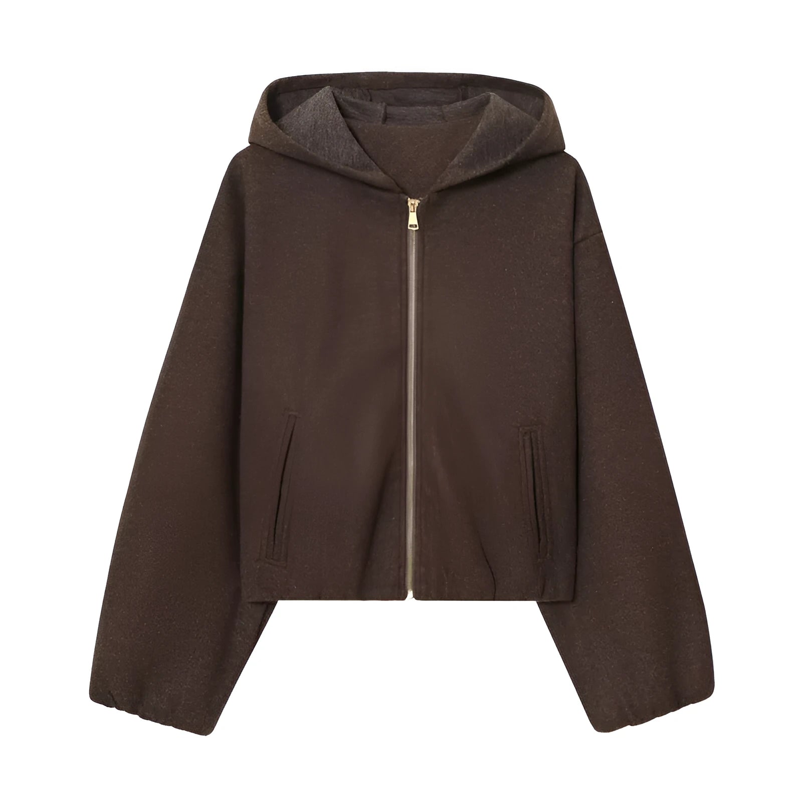 PU hooded jacket casual coat for women long sleeve zipper closure collage stitching