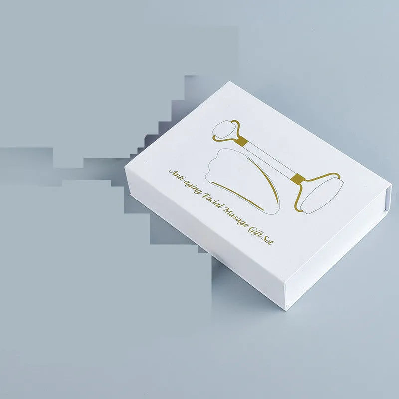 White jade double-headed roller and scraping board set for facial and body massage