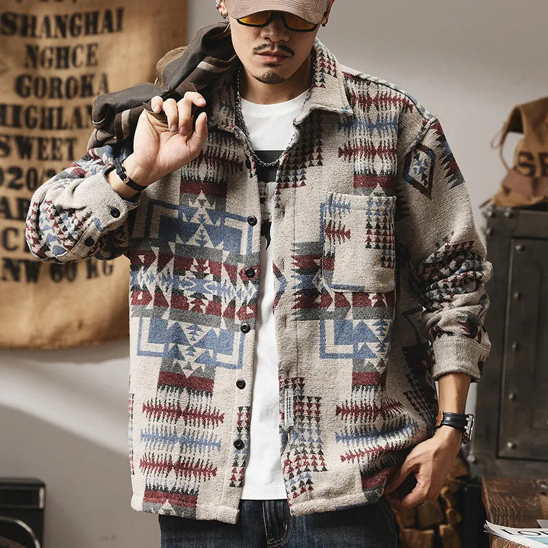 Fashion brand men's long sleeve loose fit shirt with geometric pattern in blue on display