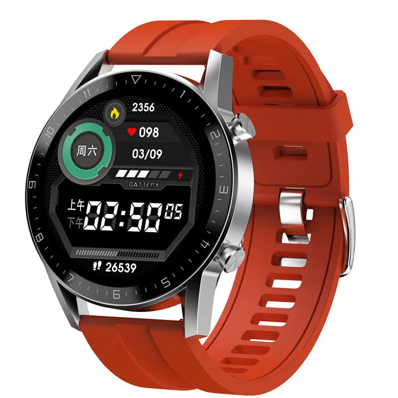 Smart sports watch with leather strap and 1.3-inch touchscreen displaying activity metrics