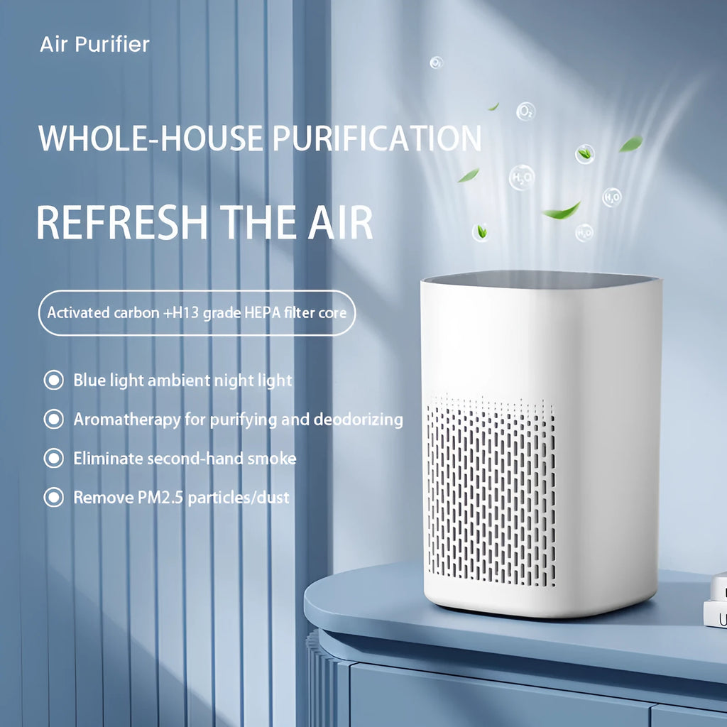 Desktop air purifier with simple design showing USB power connection