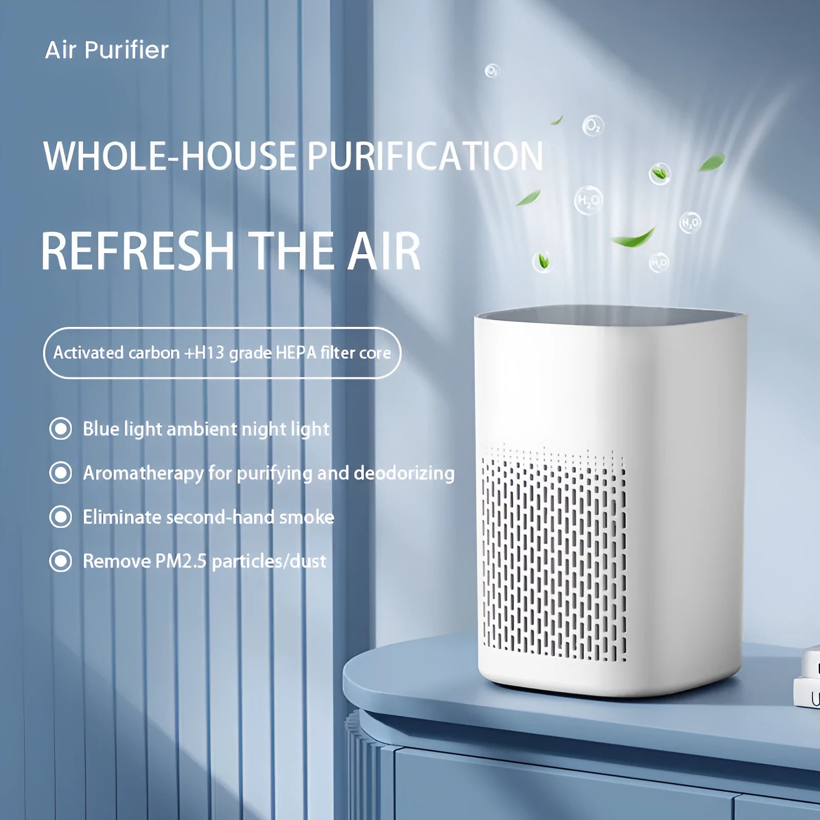 Desktop air purifier with simple design showing USB power connection