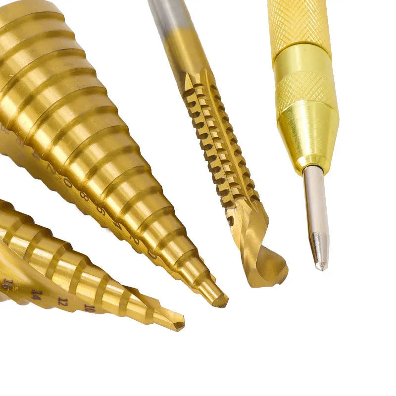 Step drill bit set with centre punch showing cone-shaped bits and colour-coded handles