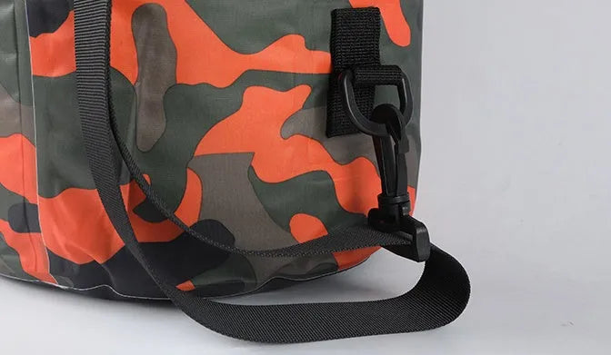 Outdoor waterproof camouflage polyester double shoulder backpack in green, with roll-top closure and foldable design