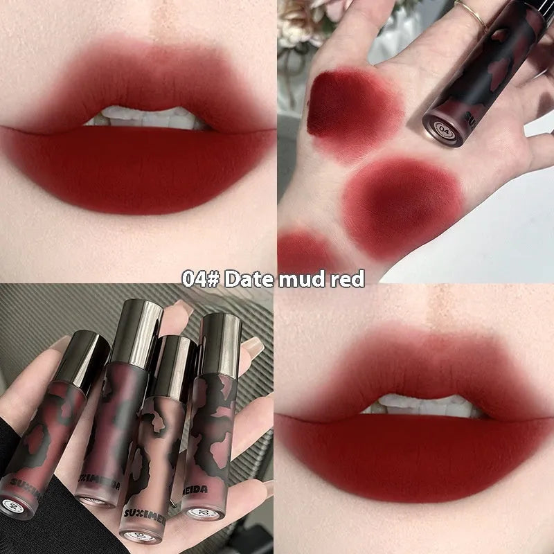 Lava Secret Matte Lip Mud Lipstick in shades orange brown coffee, cool grey, cinnamon coffee, jujube red, and smoked purple.