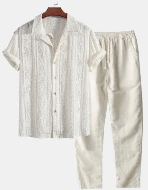 Mens loose short sleeve shirt and trousers casual set in milk silk polyester fabric for summer wear