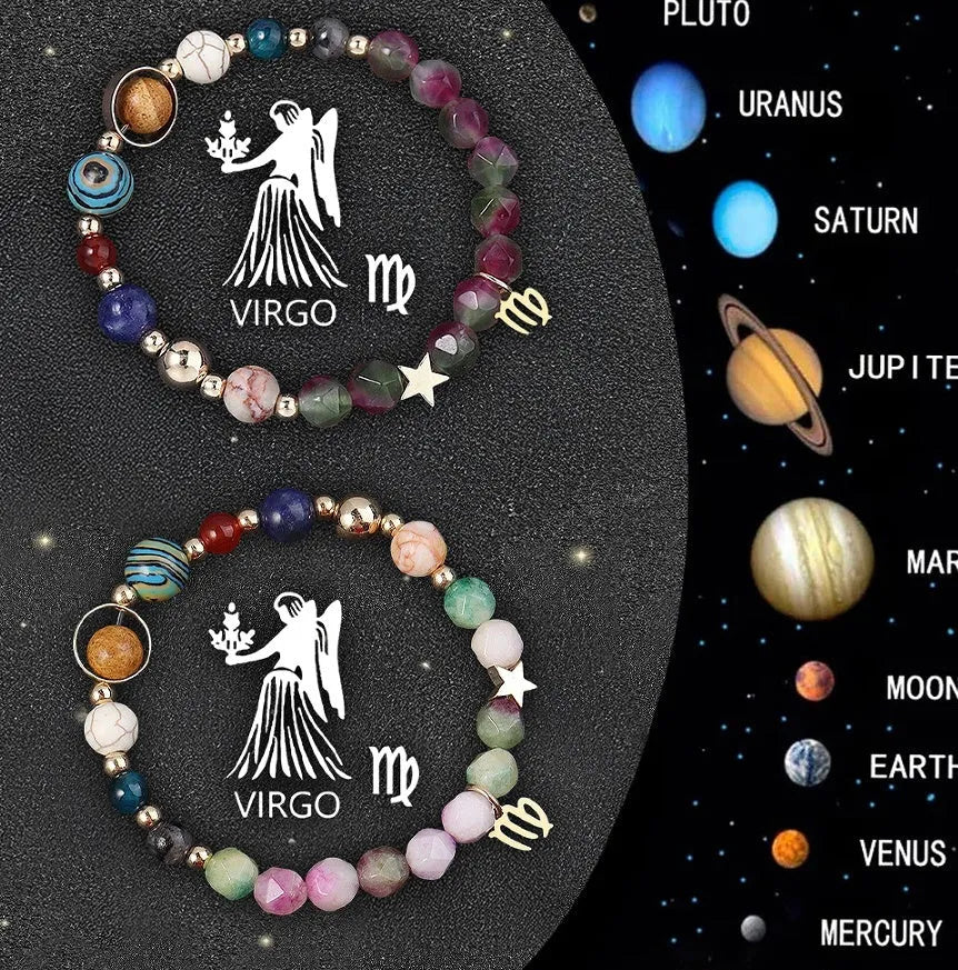 Two natural stone beaded bracelets showcasing zodiac sign designs on a selection card.