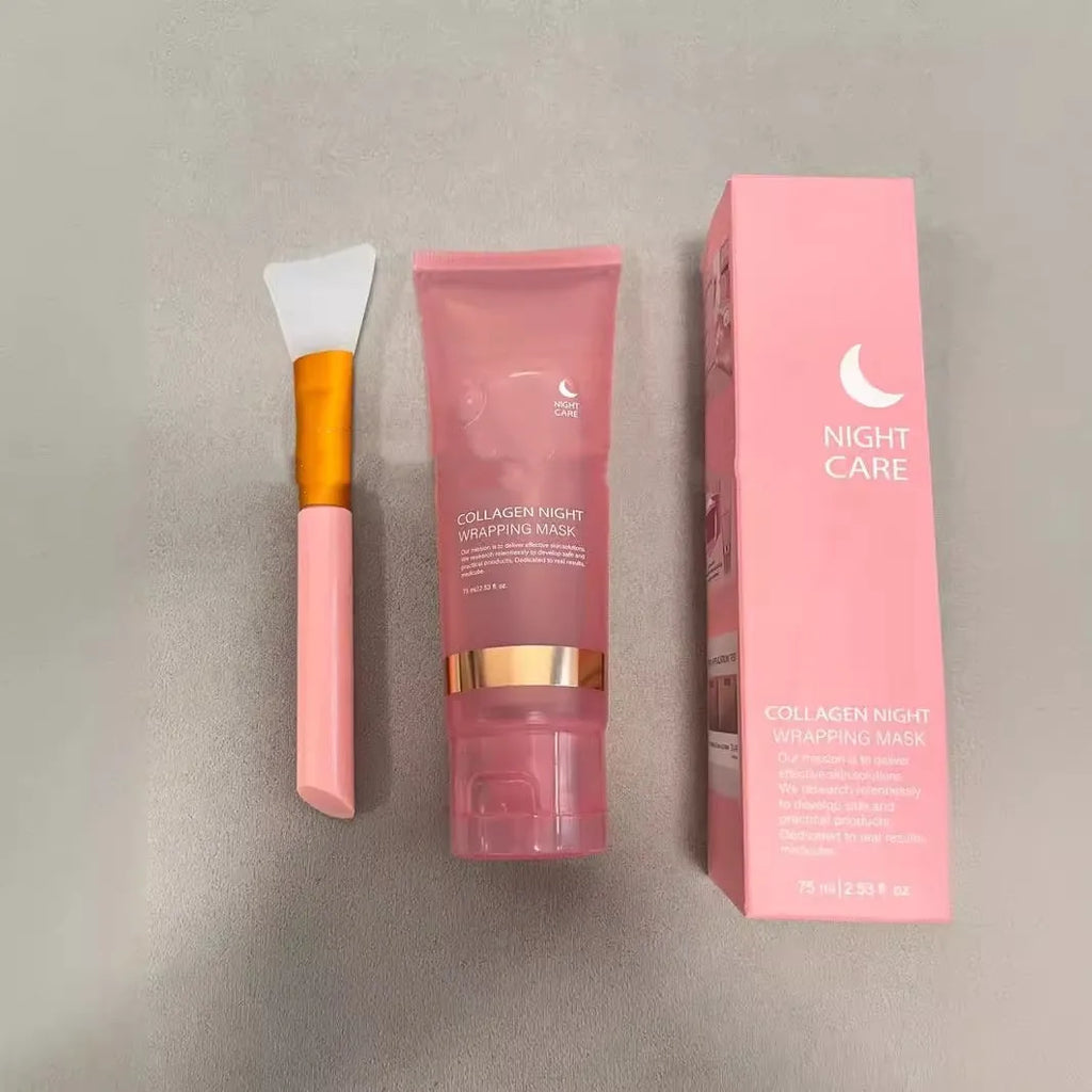 75ml bottle of collagen night face mask with application brush for skin firming and hydration.