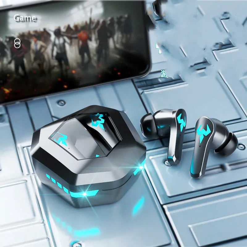 Black wireless in-ear sports gaming headset with Bluetooth 5.0 and noise-canceling stereo