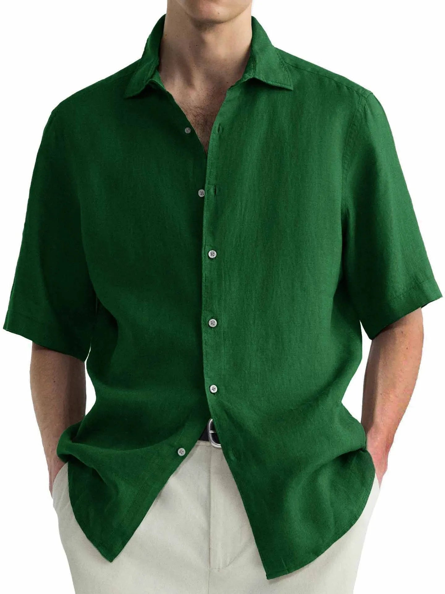 Men's green washed cotton casual shirt with regular fit cardigan style