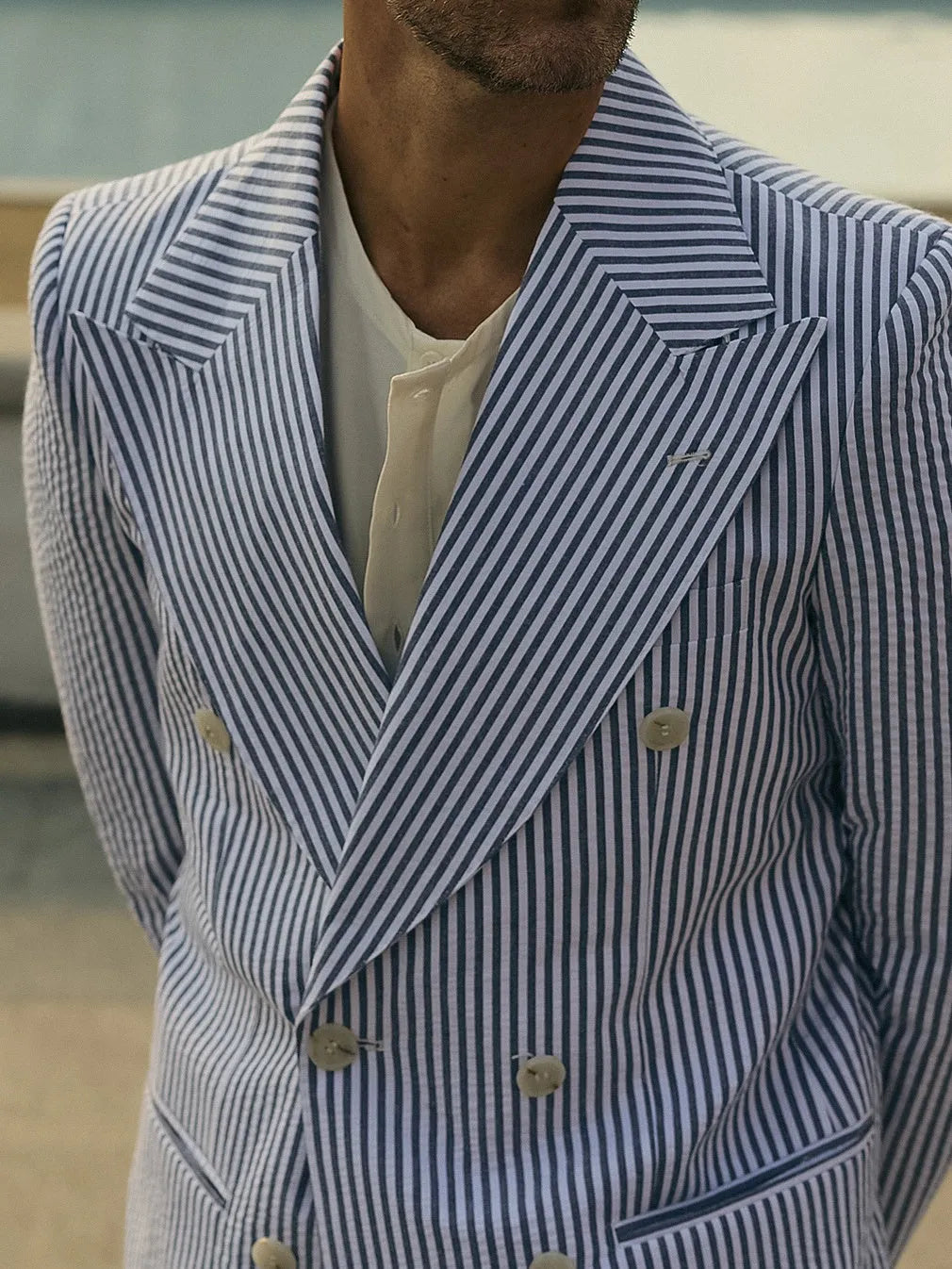 Blue and white striped polyester suit set with matching blazer and trousers for regular fit daily wear