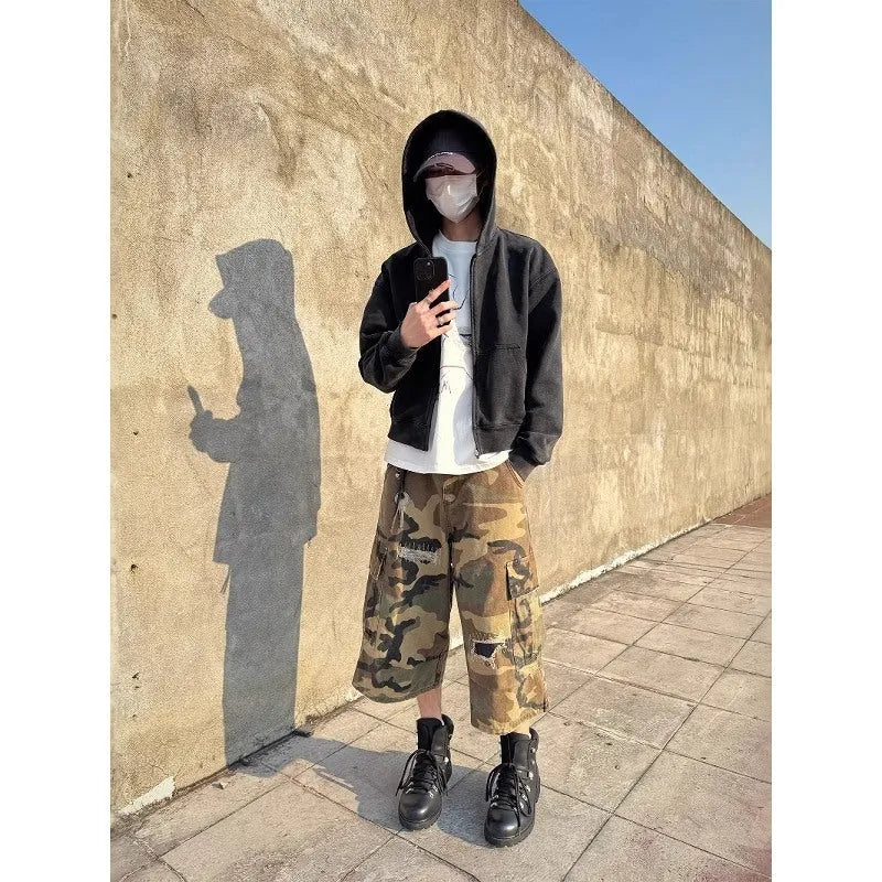 Men's camouflage cropped jeans with patch ripped detailing and straight-leg cut