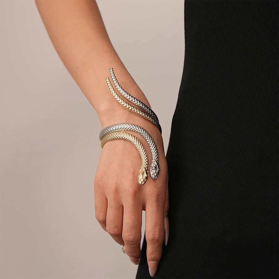 Gold twisted snake design ring and bracelet jewellery set with exaggerated winding metal construction