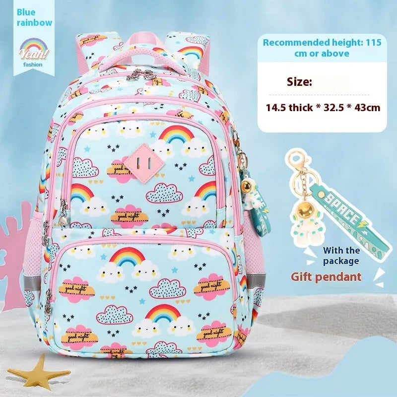 Blue dinosaur pattern children's waterproof school backpack with curved straps on a white background.