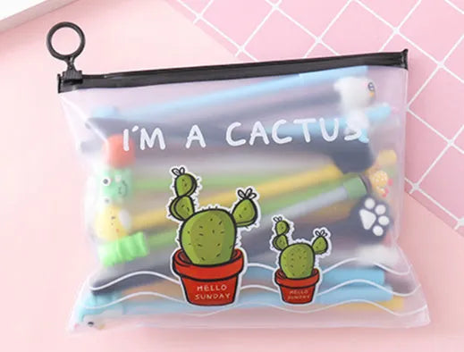 Set of twenty 0.5mm black pens with cactus cartoon designs inside a matching plastic pen case.