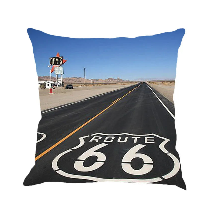 Linen cushion cover with US Route 66 landscape pattern measuring 45x45cm for car and sofa back pillows