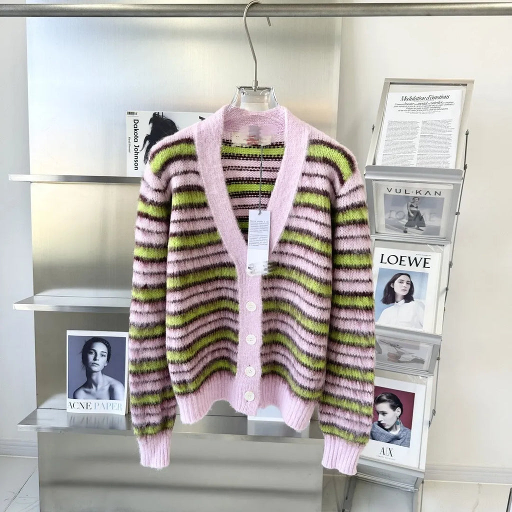 Pink wool knitted cardigan sweater showing both cardigan and round-neck pullover style options
