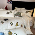 Pure cotton four-piece bedding set with Christmas tree embroidery in cream blue and green colours