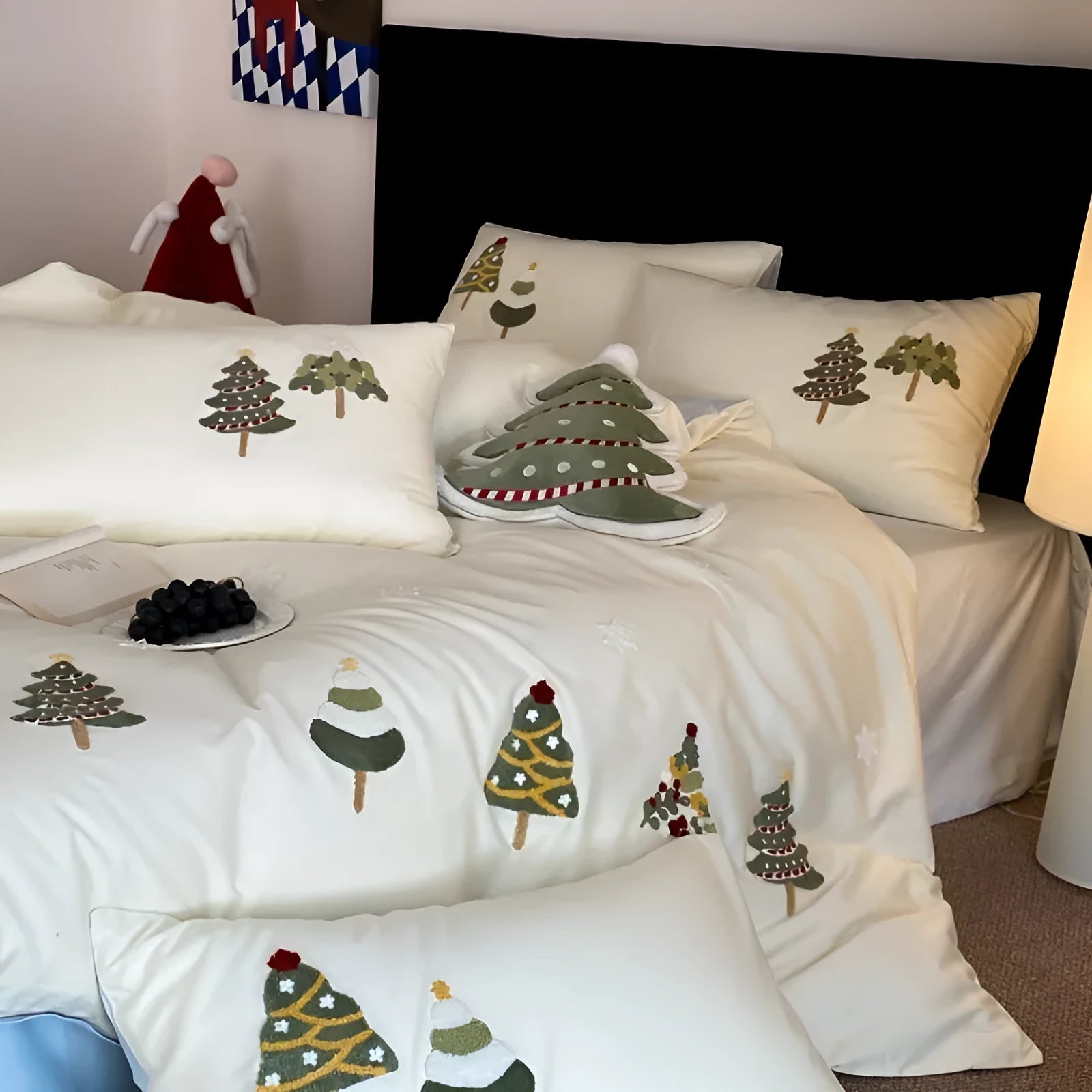 Pure cotton four-piece bedding set with Christmas tree embroidery in cream blue and green colours