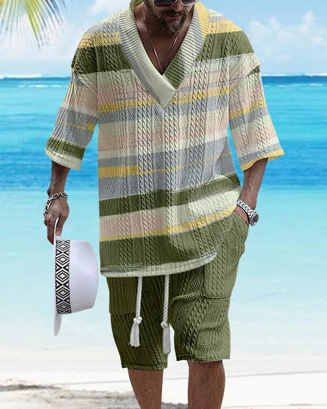 Loose casual short sleeve suit set in polyester fabric showing matching top and shorts