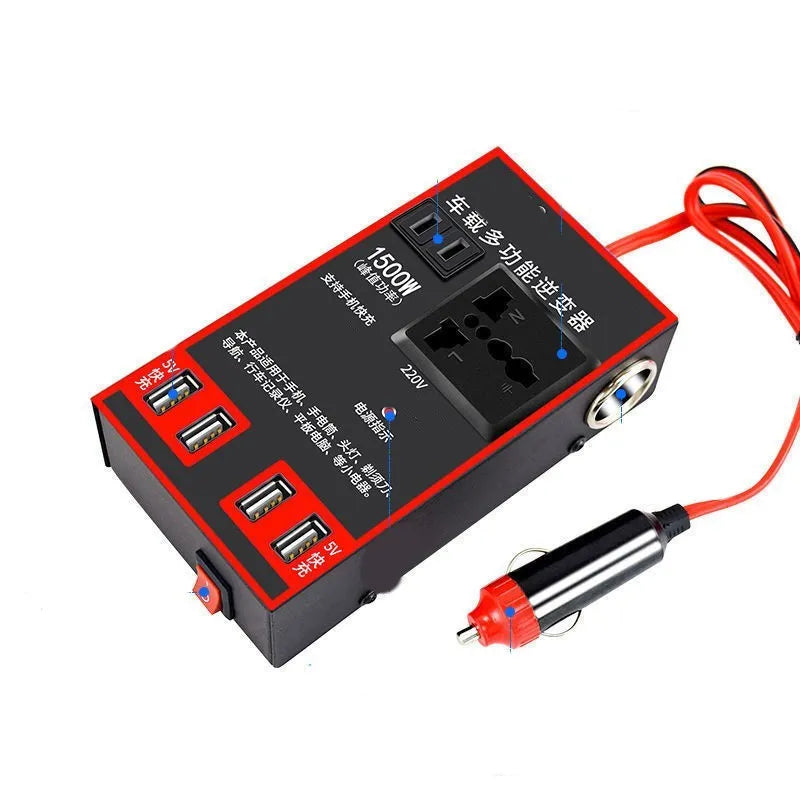 Black automotive power converter converting 12V/24V vehicle battery to 220V mains electricity with sockets and USB ports