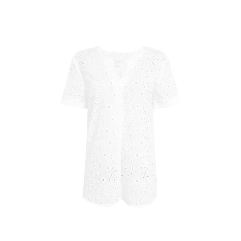 White women's V-neck T-shirt with hollow-out pattern detail on front