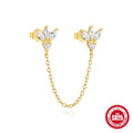 S925 sterling silver stud earrings with zircon inlay in golden geometric designs including clover and crown.