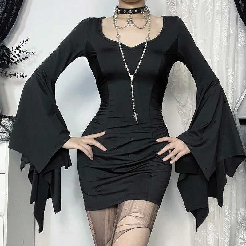 Black geometric A-line short dress with V-neck and long sleeves for women