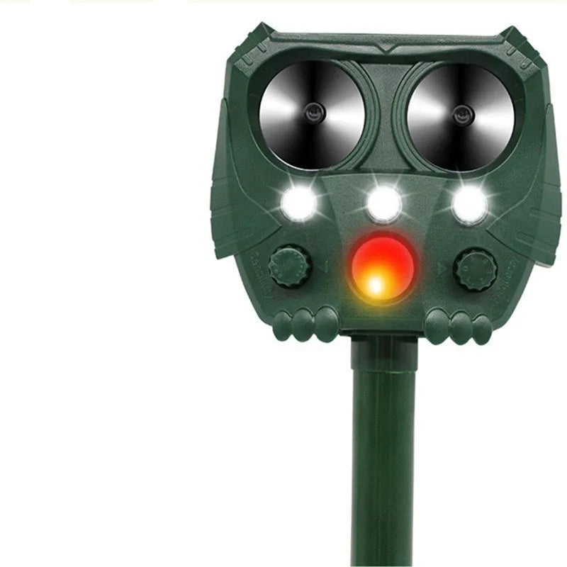 Green solar ultrasonic animal repeller device for outdoor garden pest control