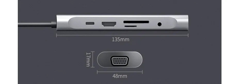 Grey aluminium USB-C docking station with HDMI, VGA, USB 3.0 ports and a 140mm cable.
