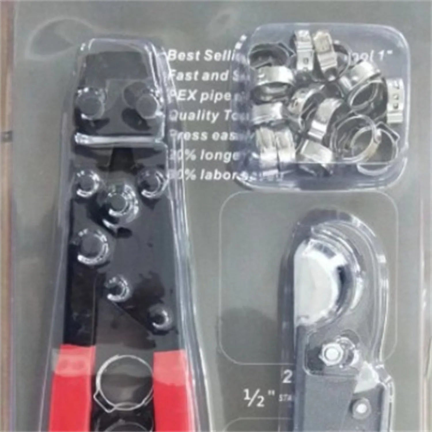 Metal PEX clamp tool set with carbon steel cutting edge and red cloth clamp