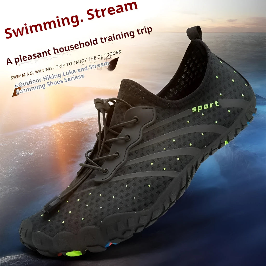 Low-top fast drainage beach swimming shoes in army green with mesh upper and rubber sole.