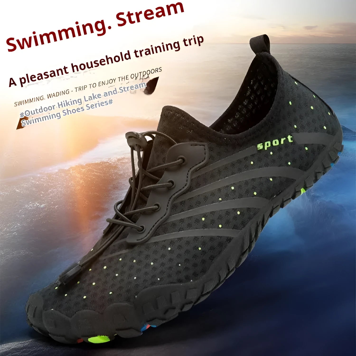 Low-top fast drainage beach swimming shoes in army green with mesh upper and rubber sole.